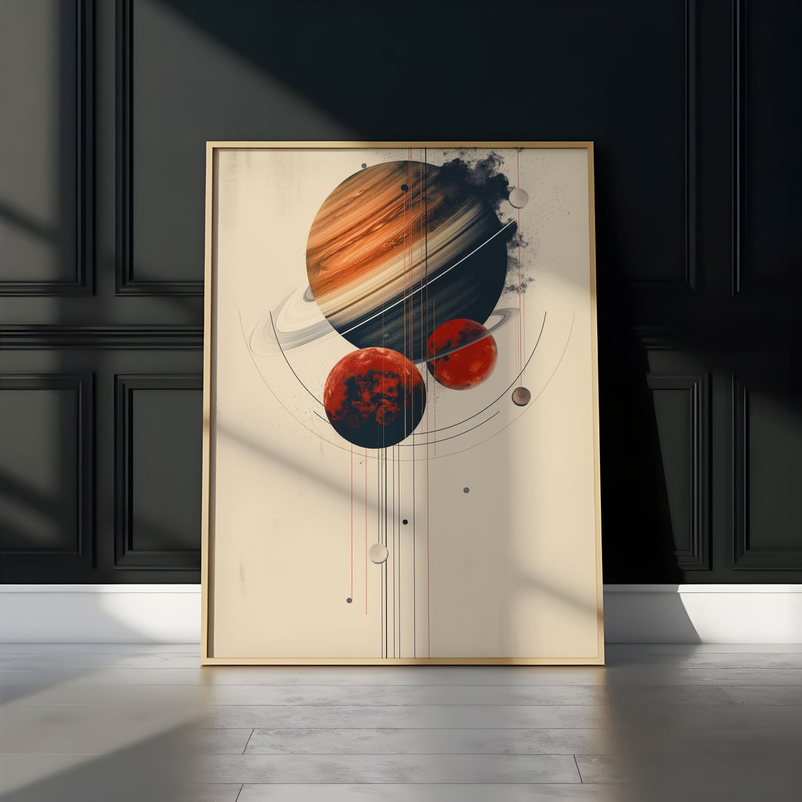 Watercolor Banded Giant Planet Red Moons Ink Lines Abstract Wall Art - Image 3