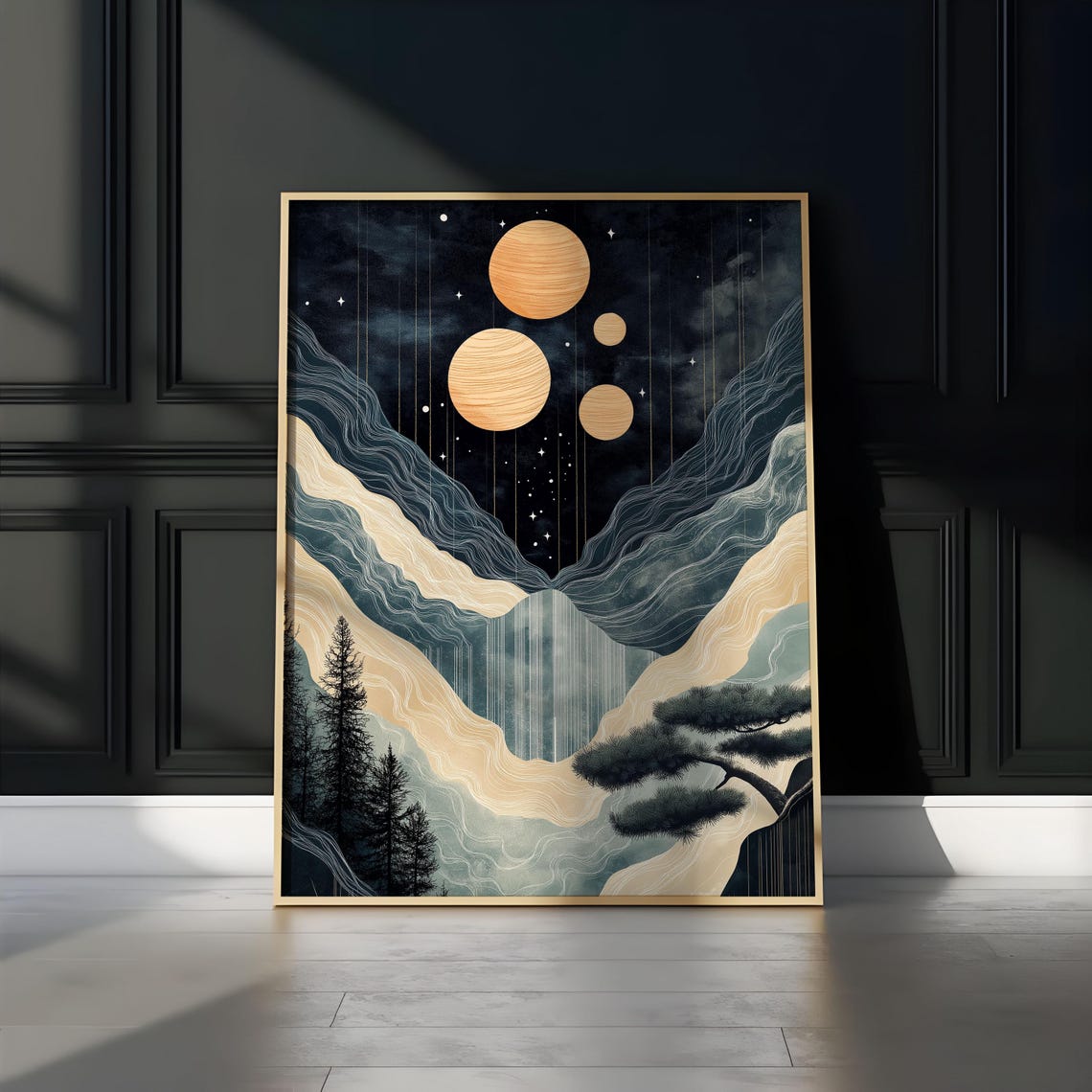 Four Spiral Gold Moons Misty Waterfall Pines Enchanted Night Poster