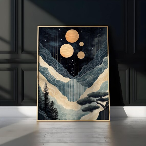 Four Spiral Gold Moons Misty Waterfall Pines Enchanted Night Poster