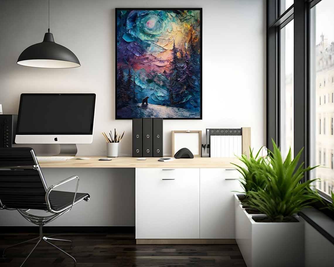 Bear Silhouette on Snowy Pine Slope Under Aurora Vortex Poster - Image 2