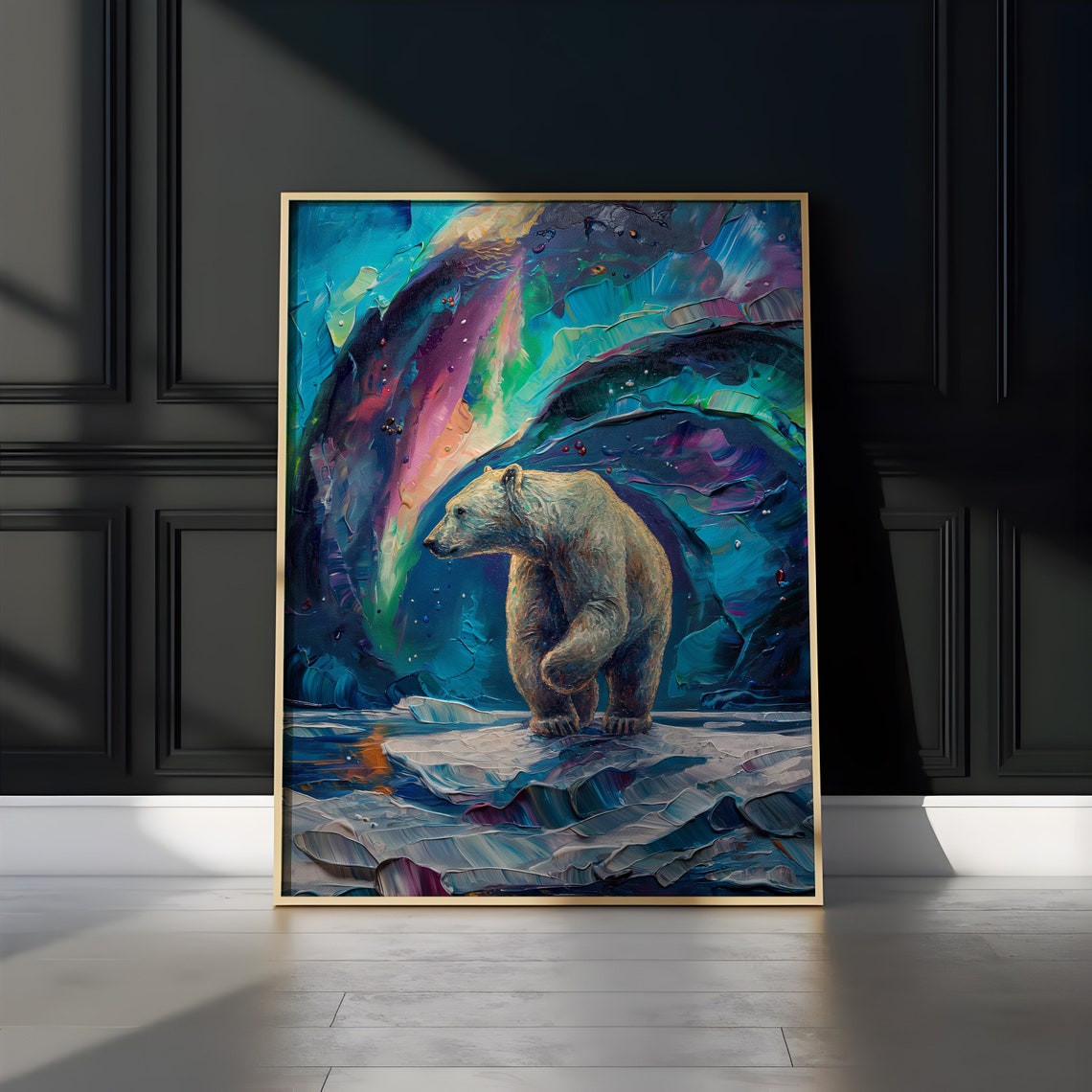 Polar Bear Crossing Ice Under Blue Green Aurora Arches Poster - Image 3