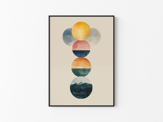 Watercolor Gold Sun Winged Orb Stack Mountain Night Abstract Wall Art