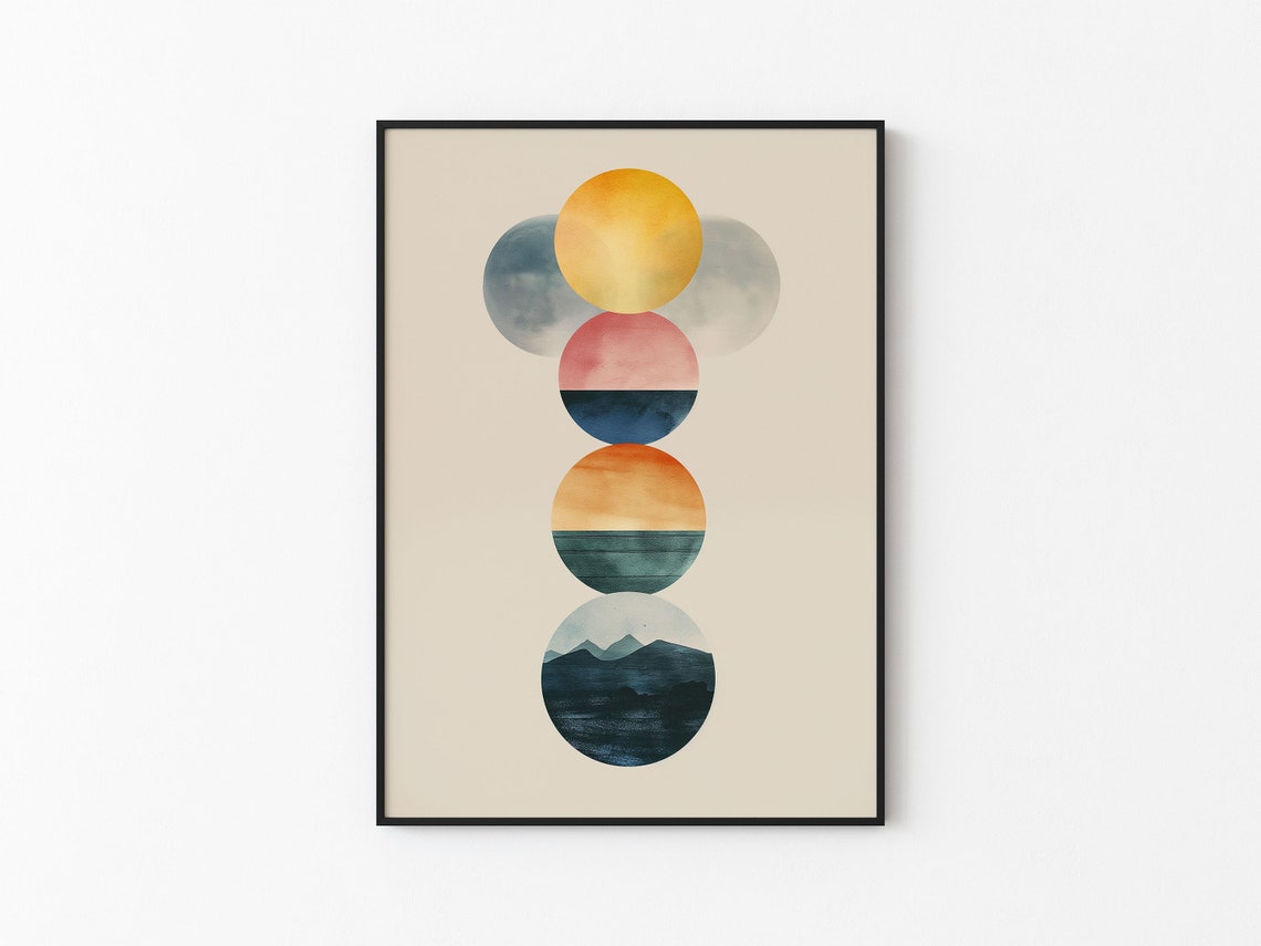 Watercolor Gold Sun Winged Orb Stack Mountain Night Abstract Wall Art