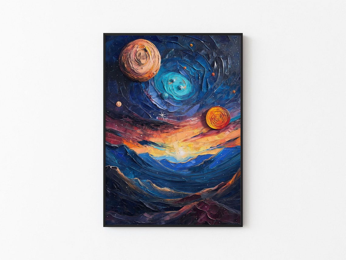 Blue Spiral Galaxy Orange Sun Blue Mountains Impasto Art Poster