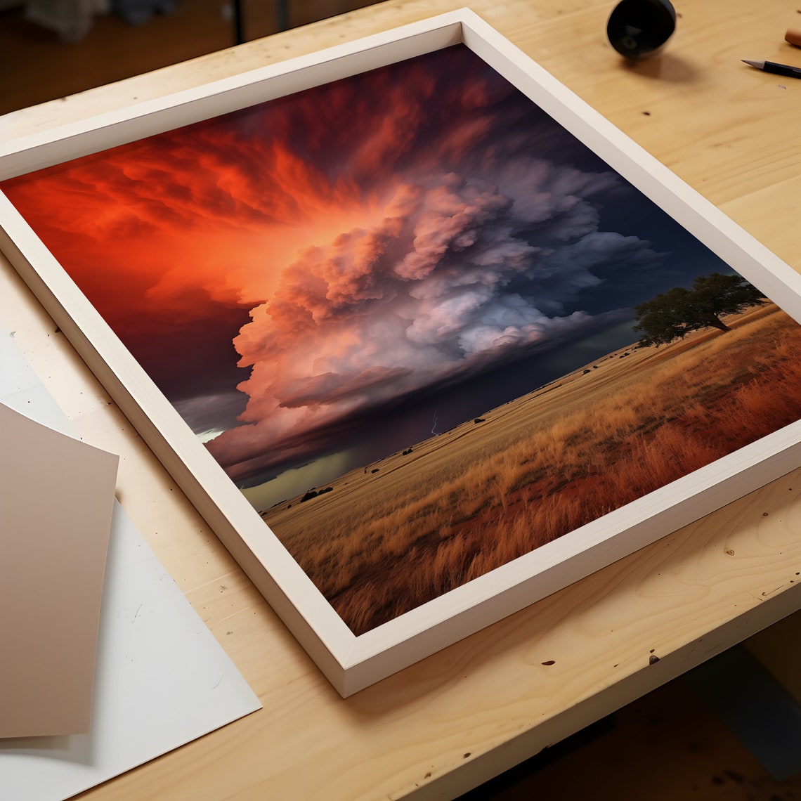 Giant Red Mushroom Supercell Over Wheat Field With Lone Tree Poster - Image 3