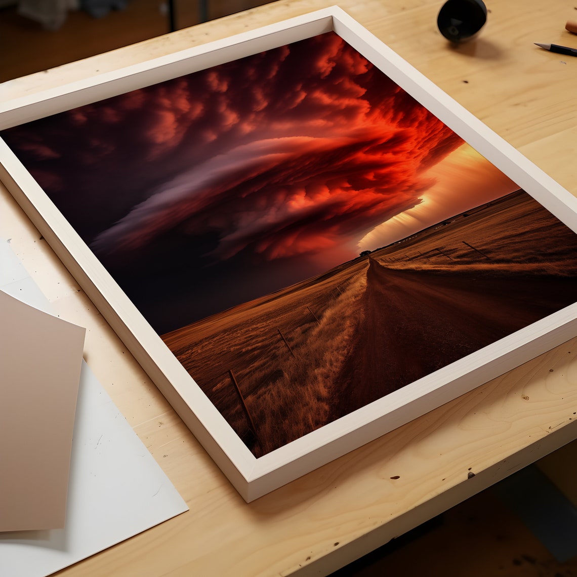 Dirt Road Into Horizon Under Towering Crimson Storm Wall Poster - Image 3