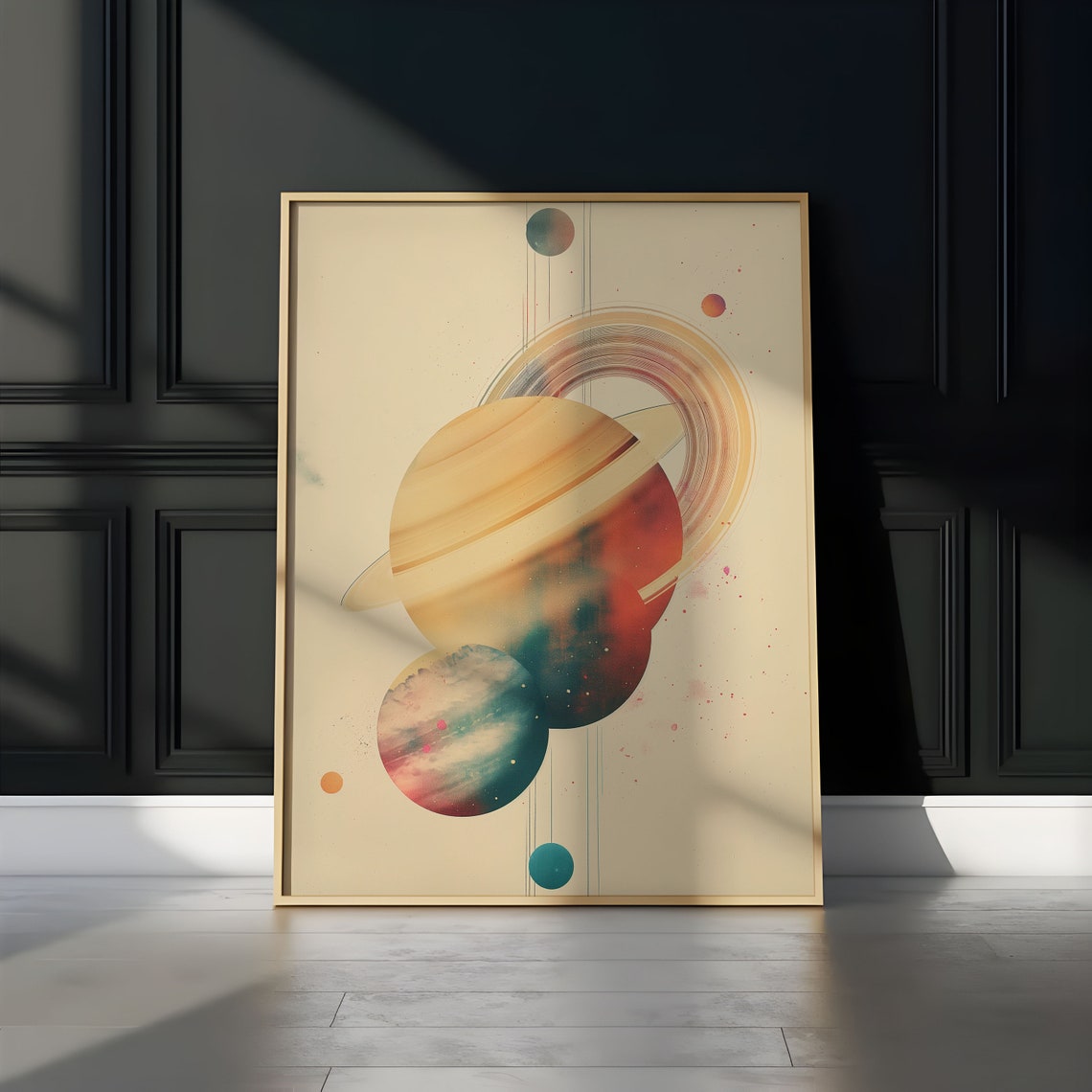 Cream Saturn Ringed Planet Pastel Watercolor Abstract Wall Art - Image 3