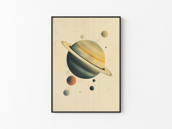 Tilted Gold Saturn Watercolor Planet Green Bands Orbital Dots Art Print