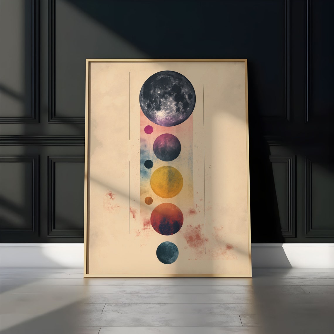 Detailed Moon Phase Watercolor Planet Column Beige Abstract Print - Image 3