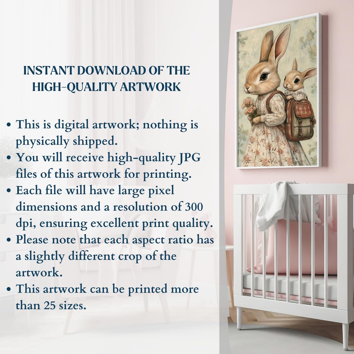 Vintage Mother Rabbit with Baby in Backpack Floral Nursery Wall Art - Image 2