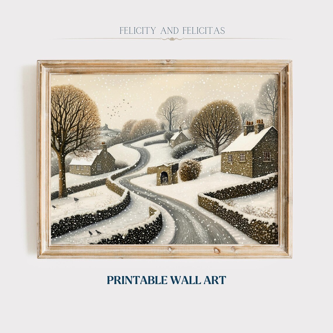 Snowy Village Road with Stone Cottages in Falling Snow Art Poster