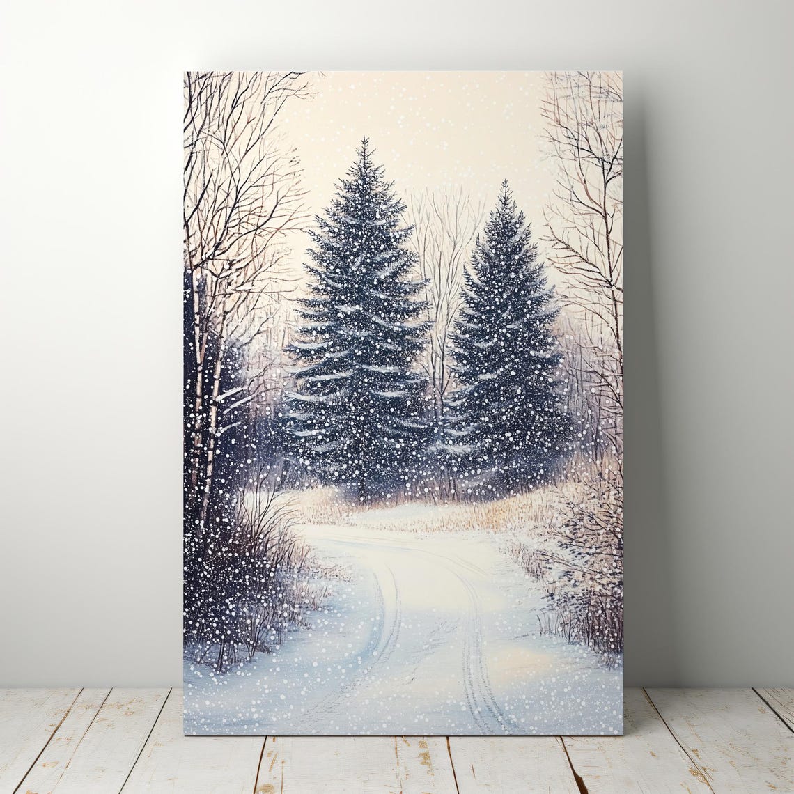 Snowy Winter Forest Path Tall Evergreens Falling Snow Scene Poster - Image 4
