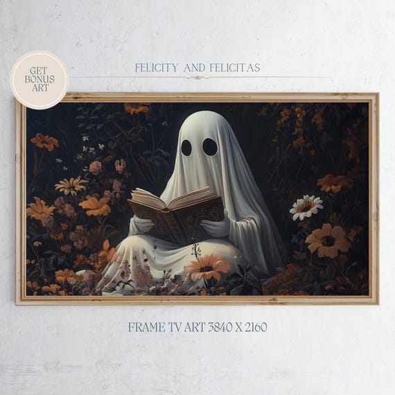 Cute Ghost Book Reading Frame Tv Art Vintage Ghost Frame Tv Art Halloween Cottagecore Screensaver Dark Academia Halloween Tv Art