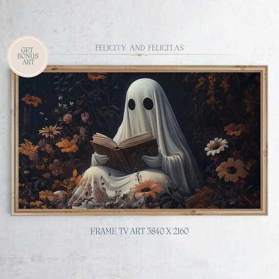 Ghost Reading Book Among Dark Autumn Flowers Moody Halloween Frame TV Art Poster