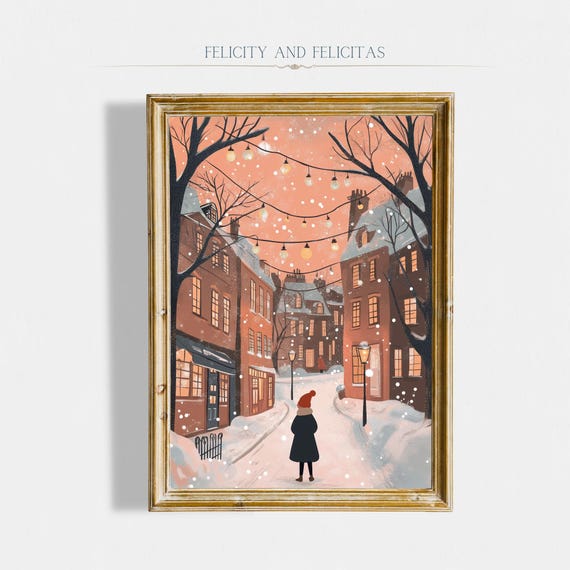 Cozy Winter Wall Art Cute Christmas Art Cityscape Winter Art Neutral Winter Decor Christmas Decor