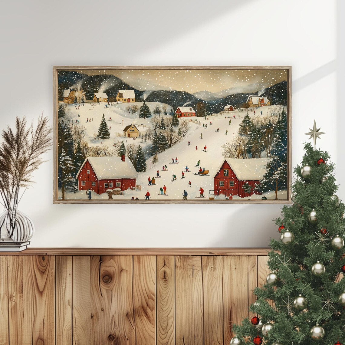 Winter Ski Village Red Barns Skiers Snowy Mountains Frame TV Art Poster - Image 5