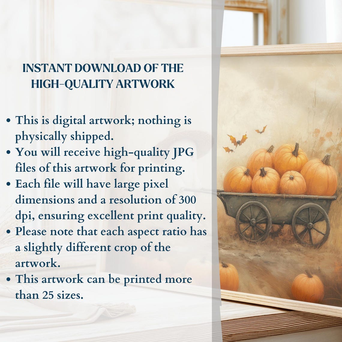 Cute Ghost Straw Hat Pushing Pumpkin Wagon Bats Halloween Wall Art - Image 2