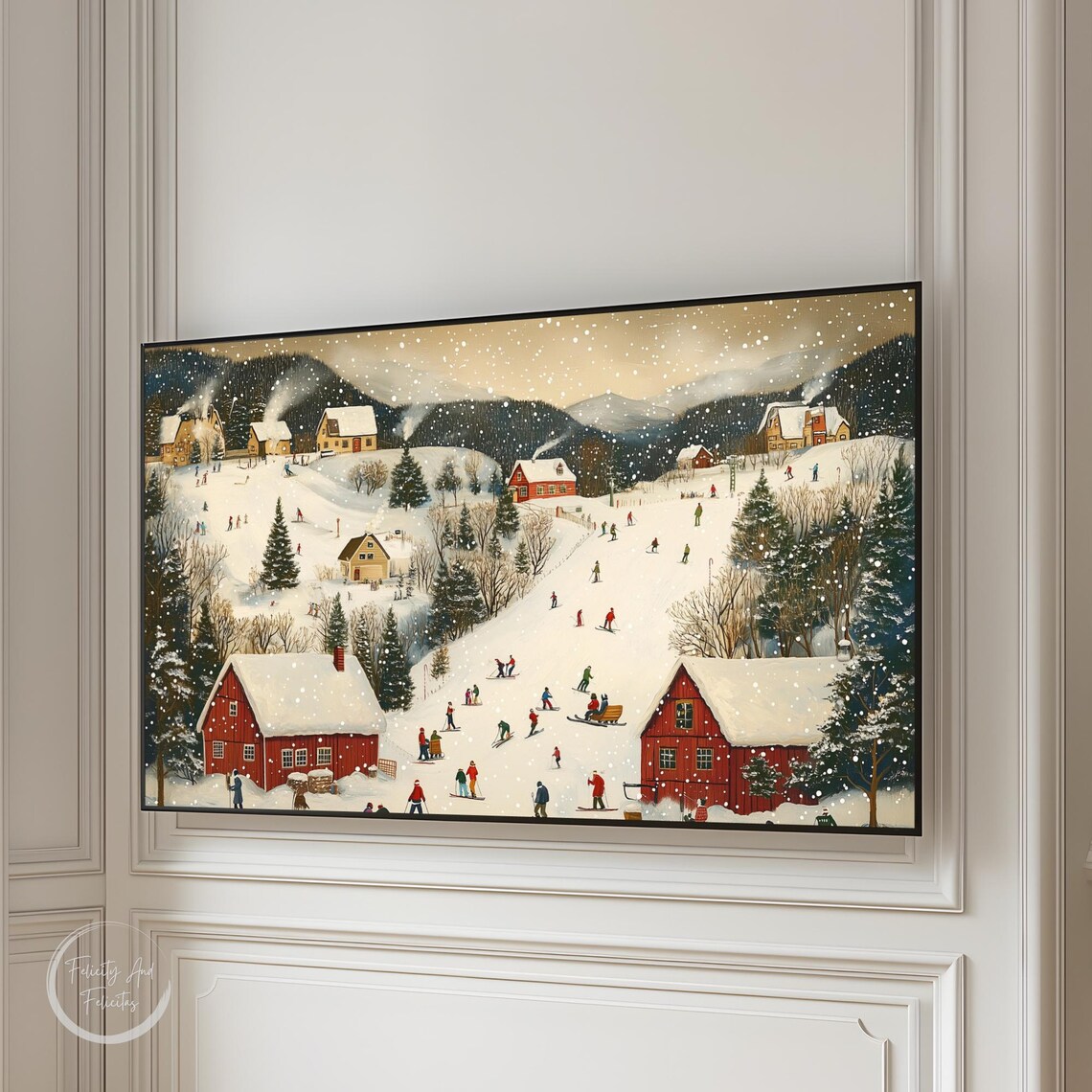 Winter Ski Village Red Barns Skiers Snowy Mountains Frame TV Art Poster - Image 4