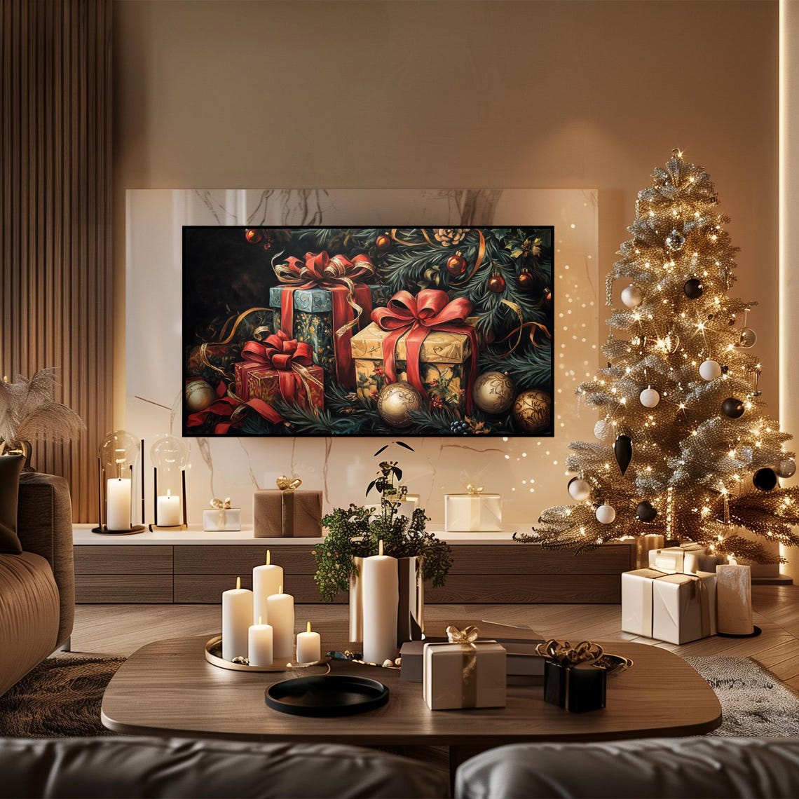 Christmas Gift Boxes Red Bows Under Tree Ornaments Night Poster - Image 4