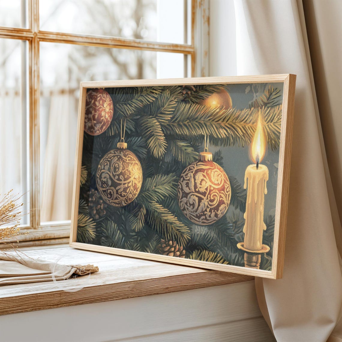Vintage Gold Christmas Ornaments on Pine Branches Candle Poster - Image 3