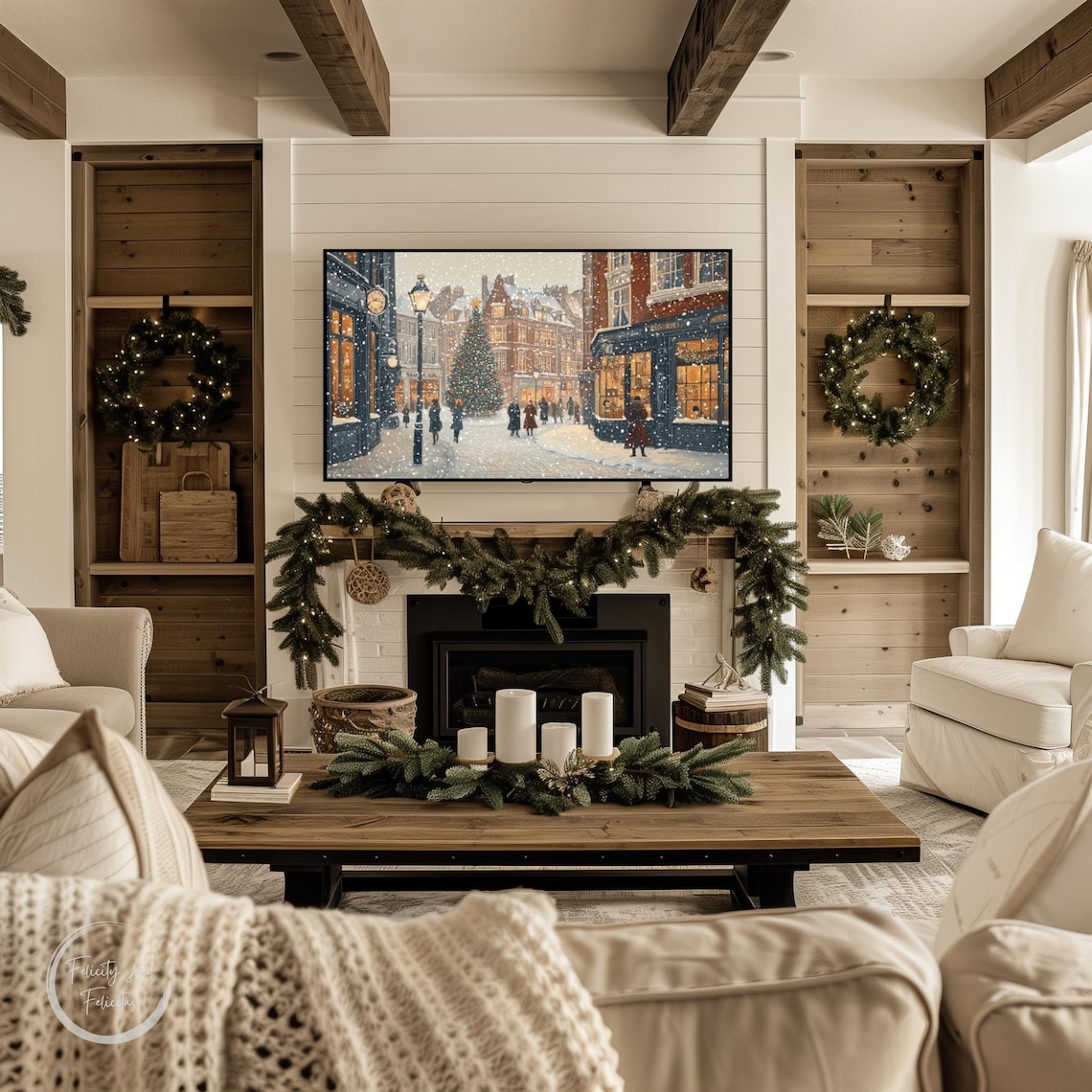 Vintage Snowy Christmas City Street Big Tree Holiday Wall Art - Image 3