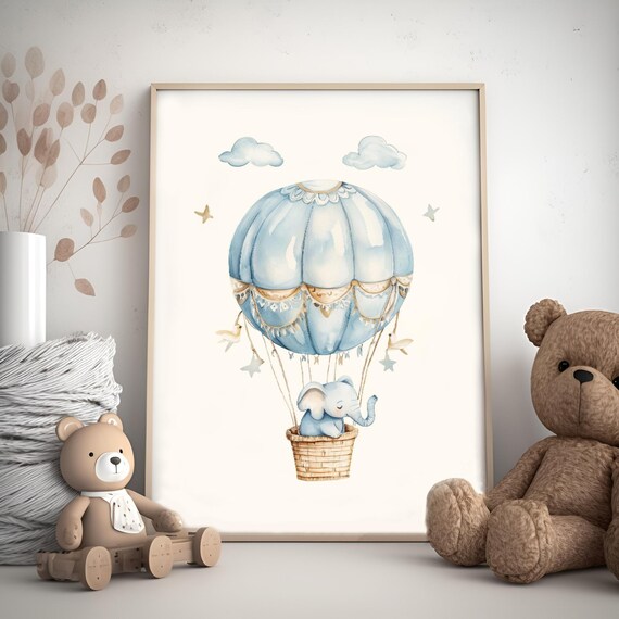 Blue Elephant Riding Hot Air Balloon Watercolor Nursery Wall Art
