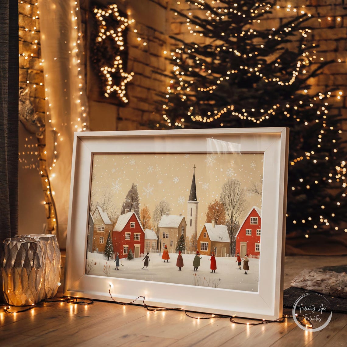 Neutral Winter Village Church Snowy Day Folk Art Scene Poster - Image 5