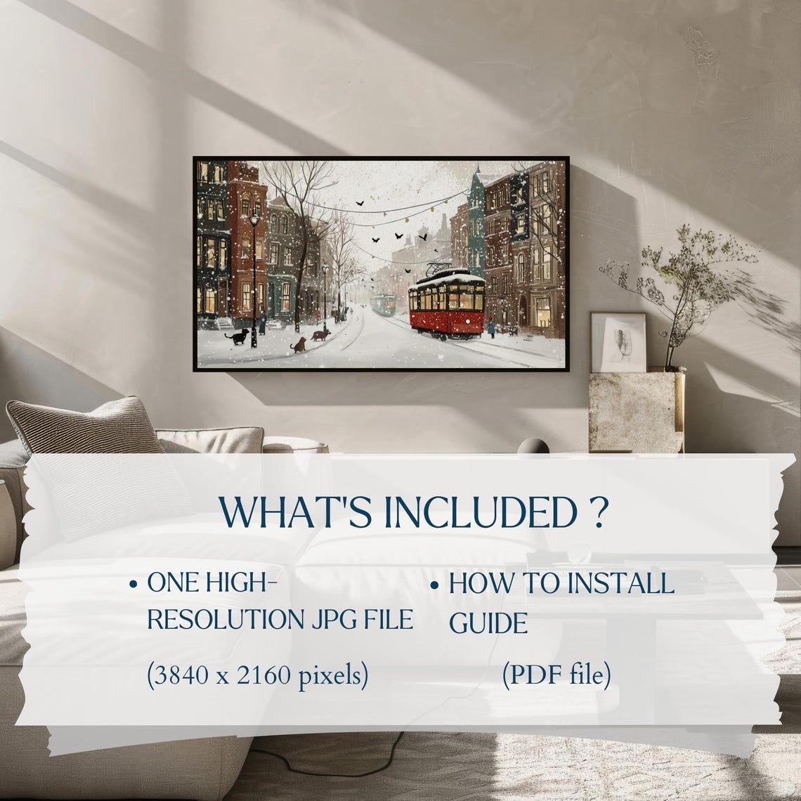 Winter City Street With Red Tram Snowfall Cats Night Scene Poster - Image 2