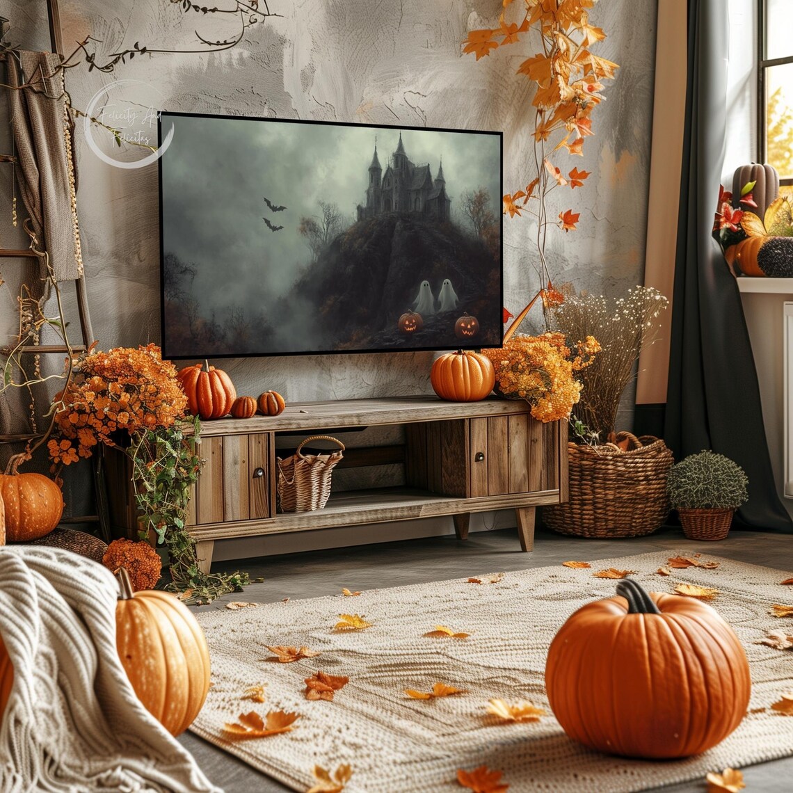 Haunted Castle Hill Ghosts Jack O Lanterns Bats Halloween TV Poster - Image 4