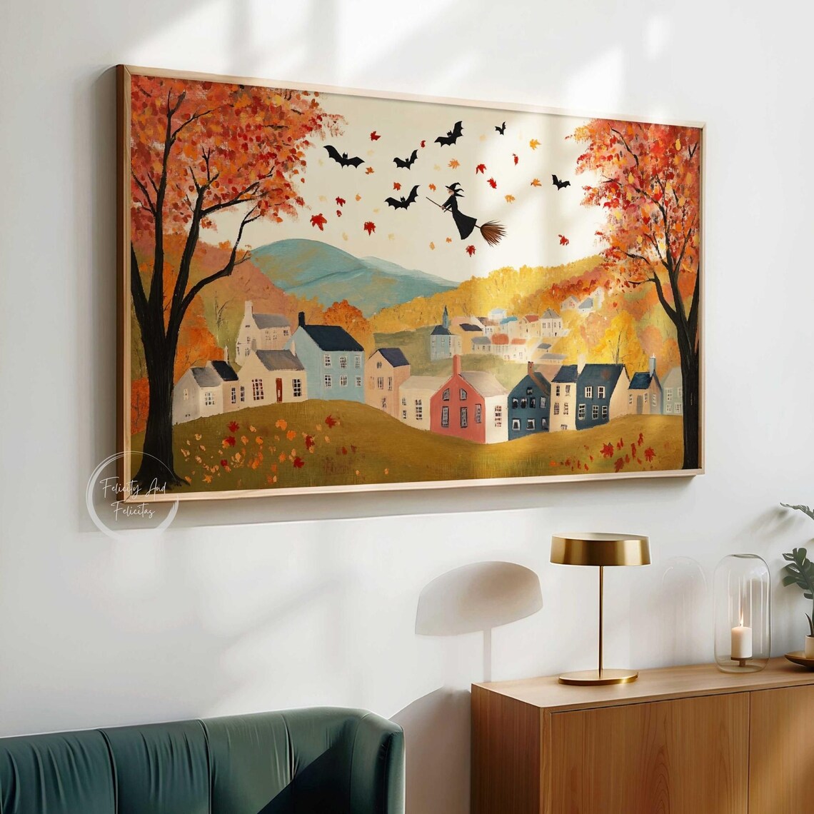 Witch Flying Broomstick Bats Autumn Village Halloween Art Poster - Image 3