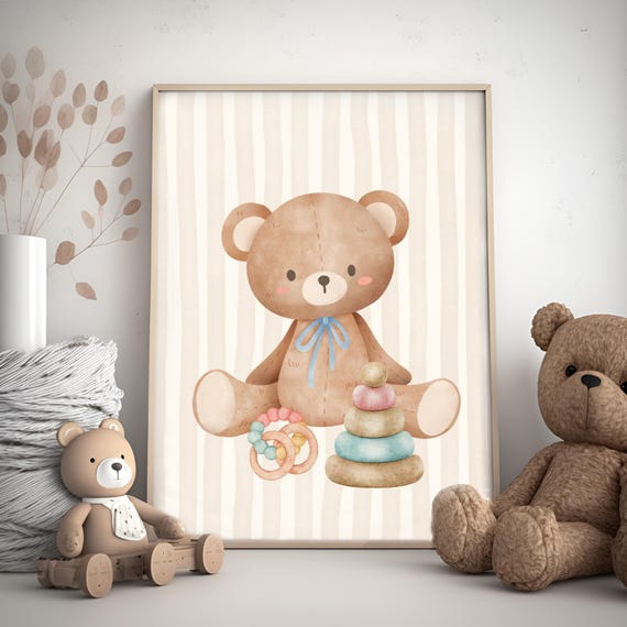 Teddy Bear Nursery Wall Art Cute Teddy Bear Nursery Decor Pastel Tone Kids Neutral Toddler Room Art