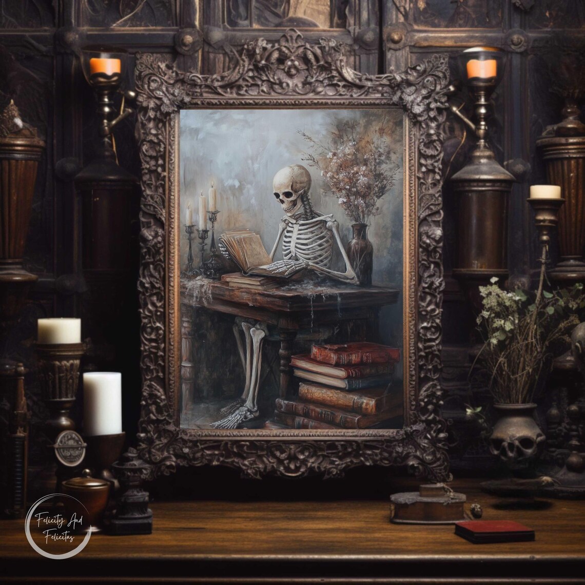 Skeleton Reading Book at Candlelit Desk Dark Academia Halloween Art Poster - Image 6