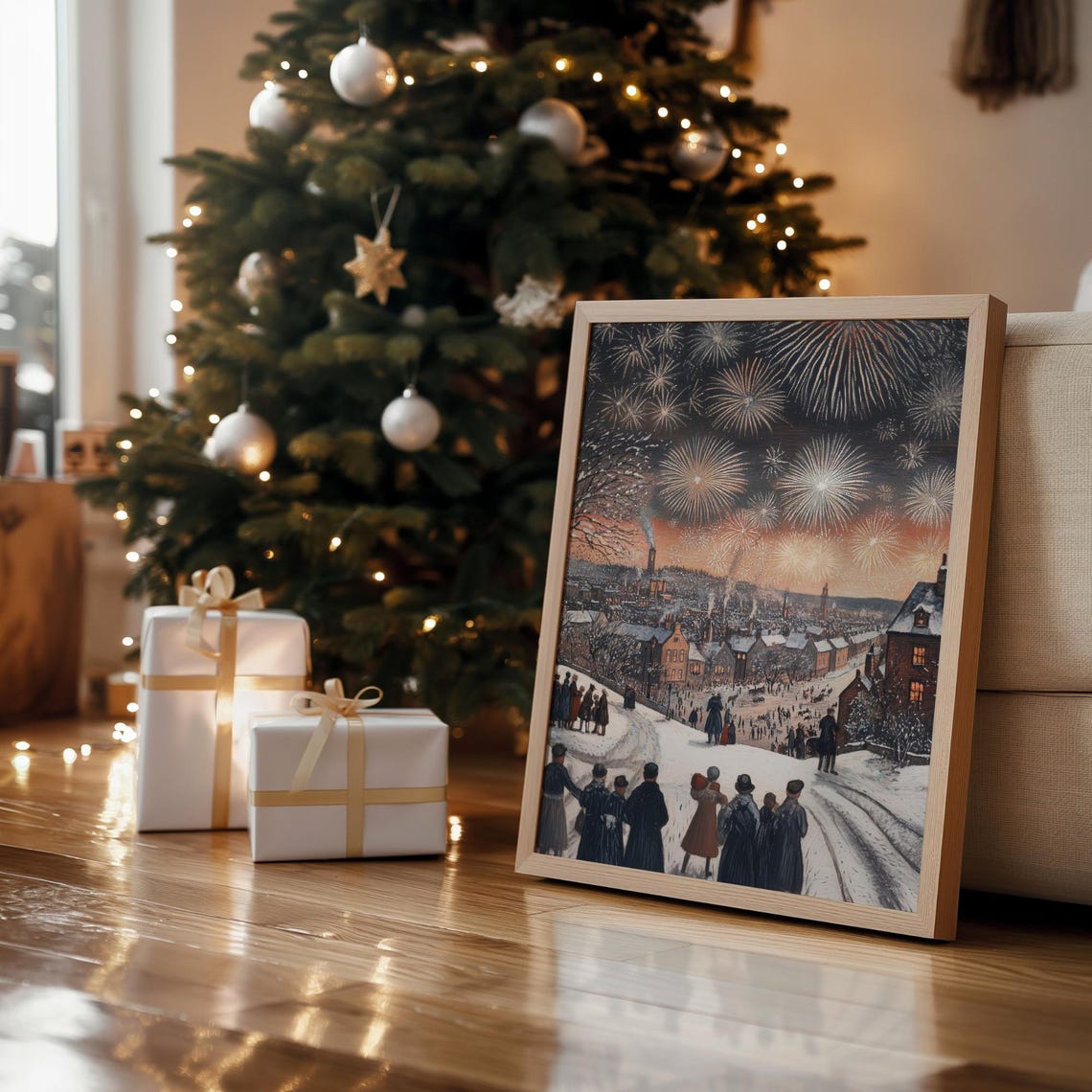 New Years Eve Fireworks Snowy Town Crowd Vintage Dazzling Wall Art - Image 6