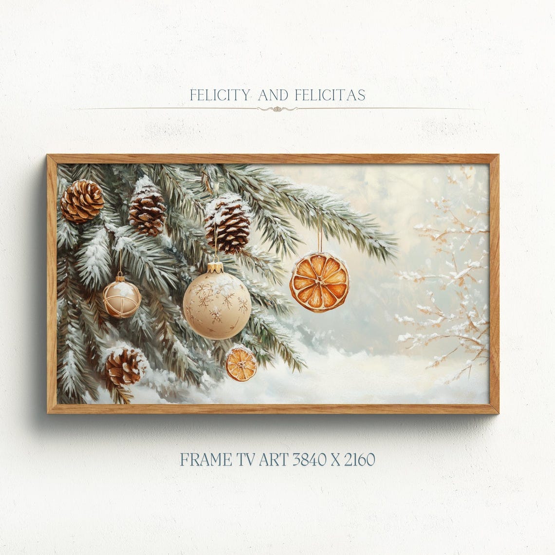 Snowy Pine Branch with Ornaments Pinecones and Orange Slices Poster