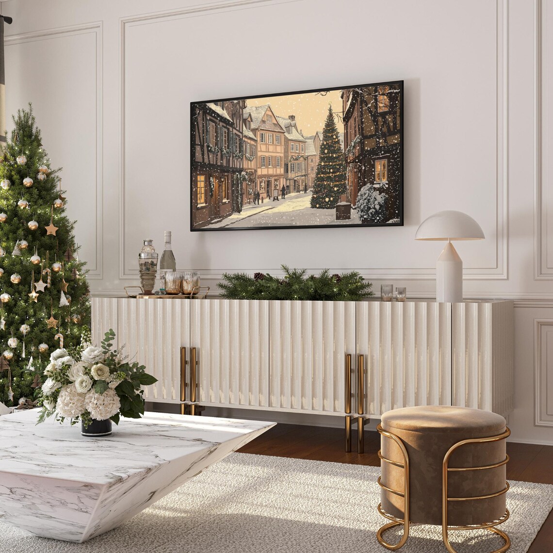 Historic European Old Town Christmas Street Tree Snow Poster - Image 6