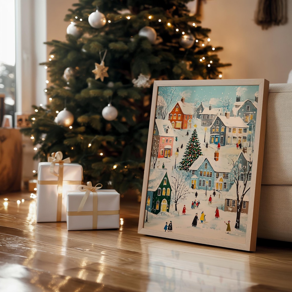 Cheerful Christmas Town Big Tree Snowy Houses Holiday Poster - Image 6
