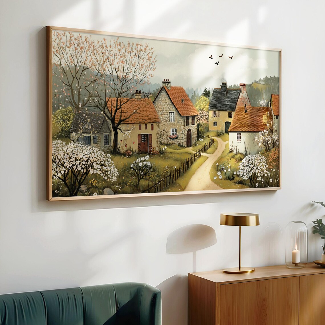Rural Spring Village Stone Cottages Blossoming Trees Frame TV Art Poster - Image 6