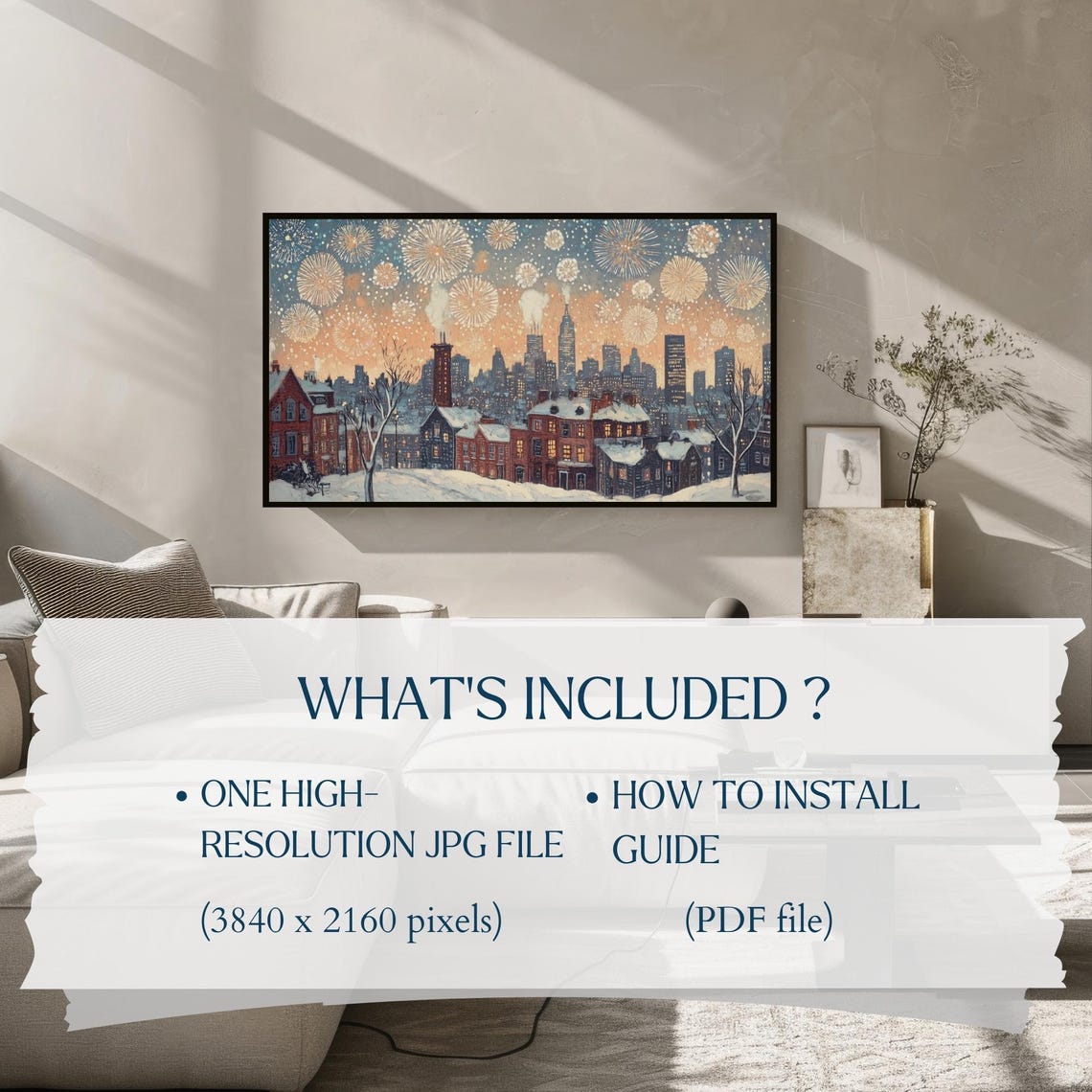 Snowy City Skyline Fireworks New Years Celebration Frame TV Poster - Image 2