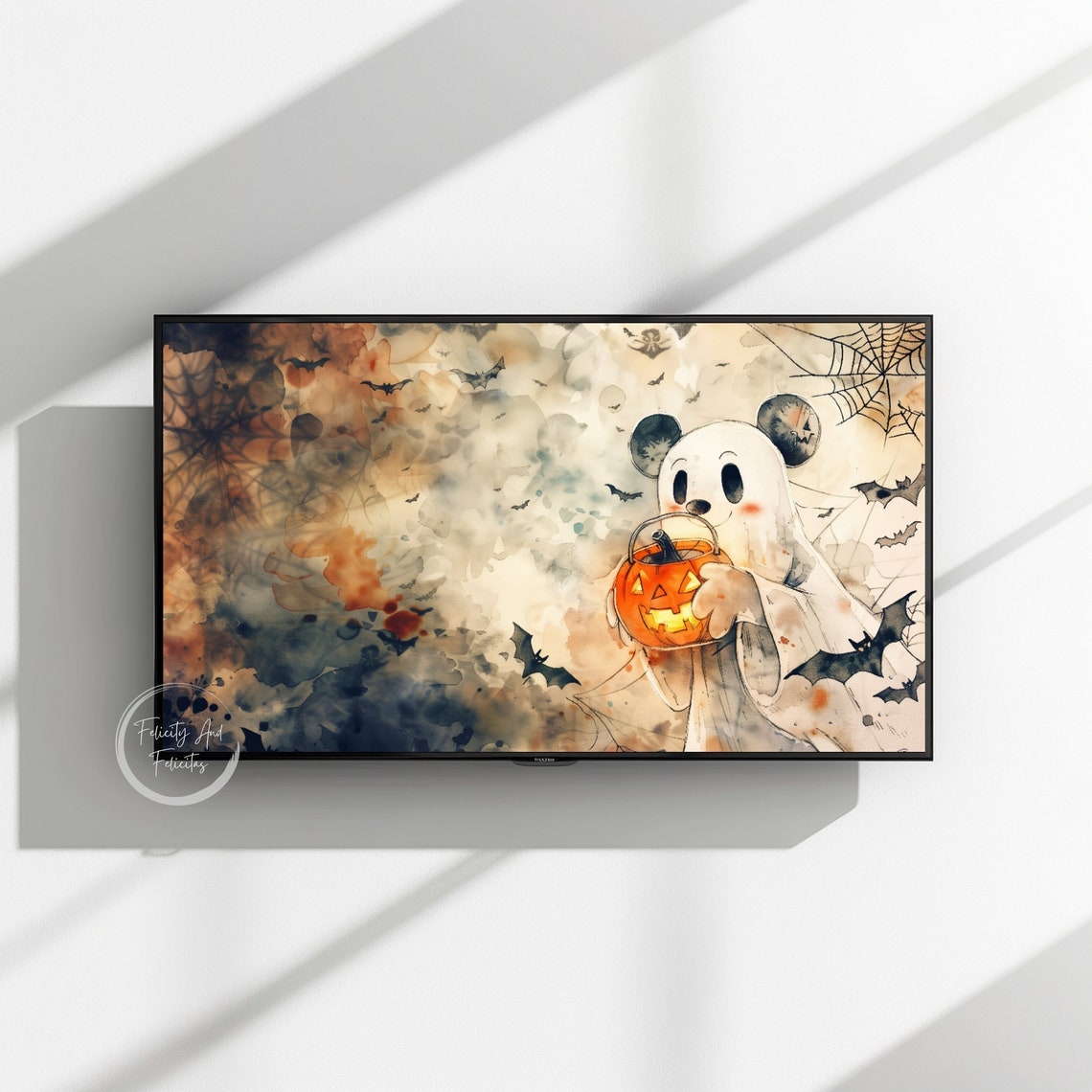 Cute Mouse Ghost with Pumpkin Bucket Bats and Webs Watercolor Poster - Image 3