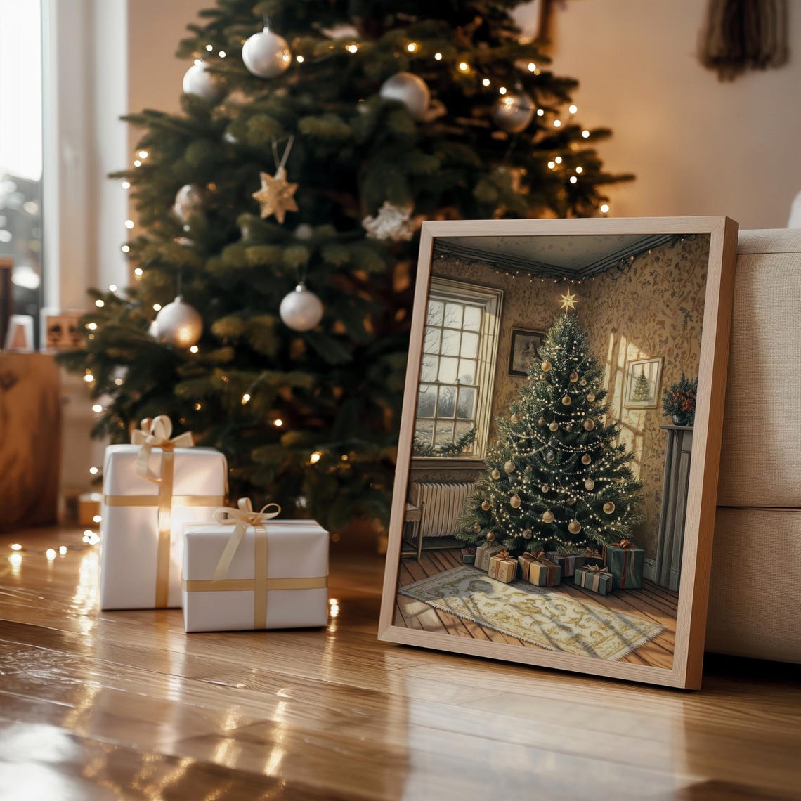 Christmas Tree with Gold Star in Cozy Stone Cottage Room Poster - Image 6