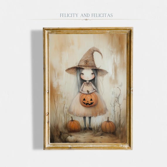 Halloween Cute Witch Wall Art Beige Halloween Decor Spooky Season Painting Trendy Halloween Art