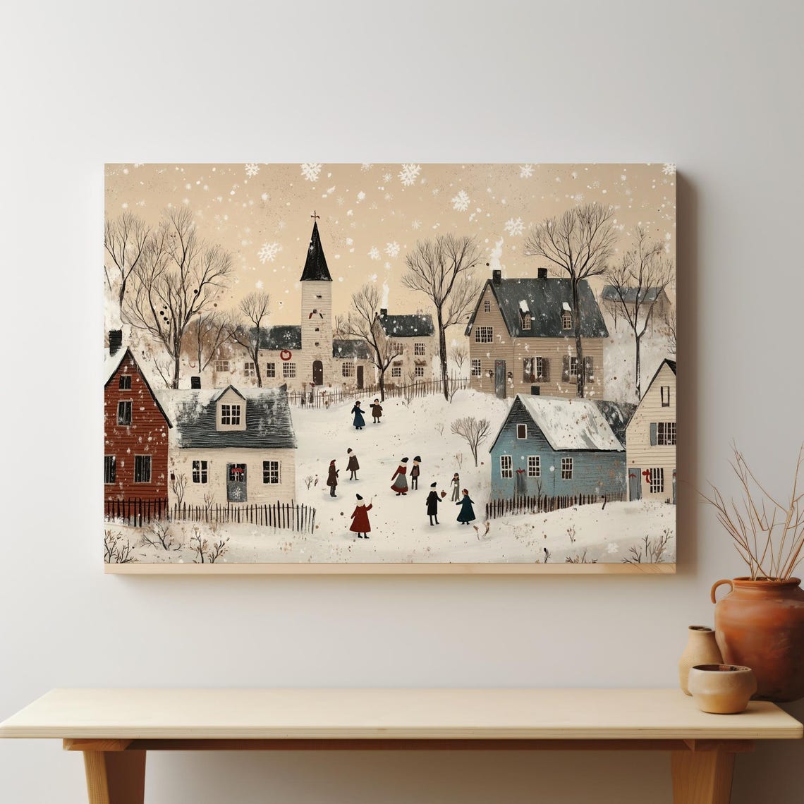 Neutral Beige Snowy Village With Church Snowflakes Holiday Poster - Image 4