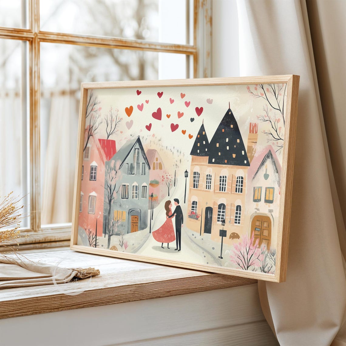 Valentine Couple Dancing Under Hearts Charming Village Poster - Image 3