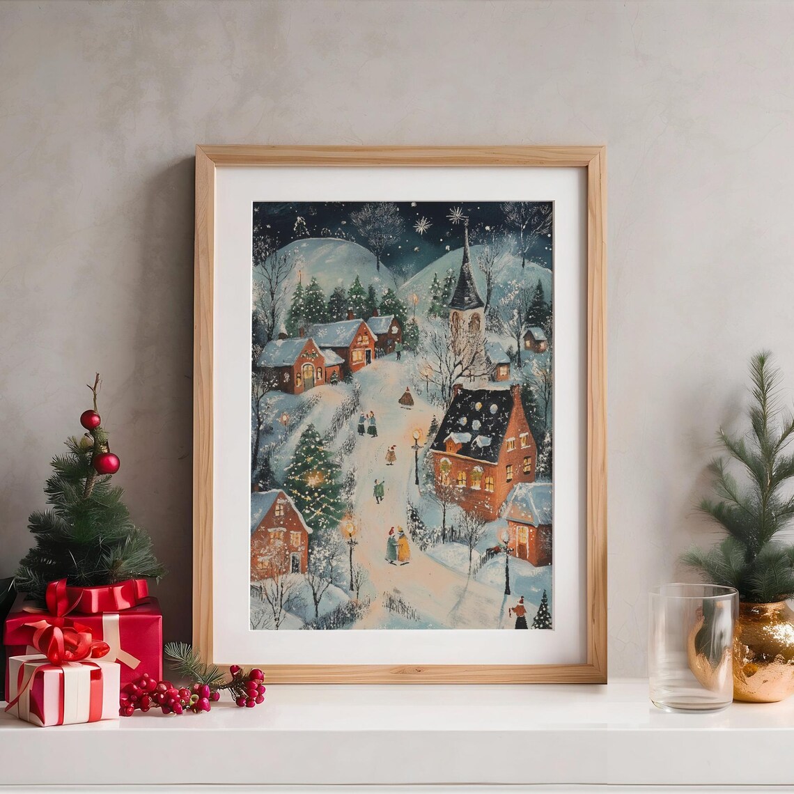 Snowy Village Night Church With Glowing Windows Folk Art Poster - Image 4