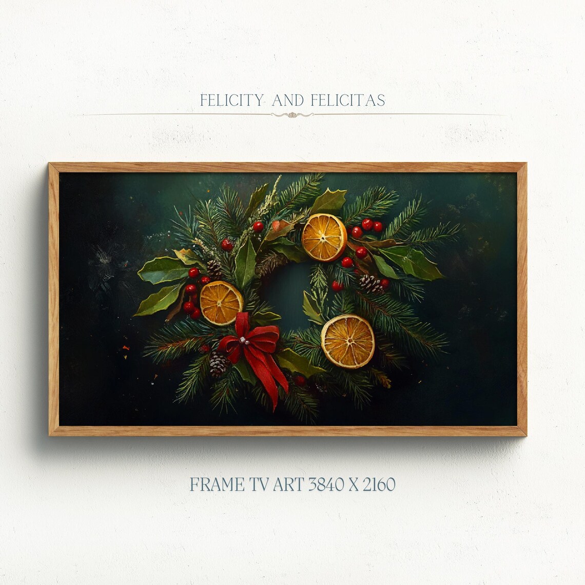 Christmas Wreath With Orange Slices Berries Pine Dark Art Poster