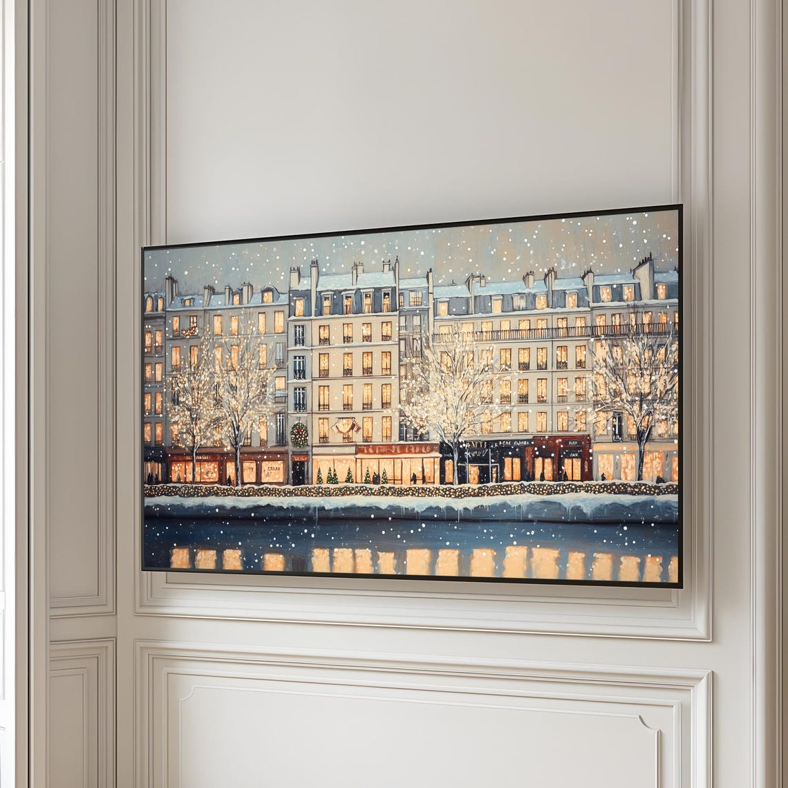 Snowy European City Evening River Reflection Lights Wall Art - Image 4