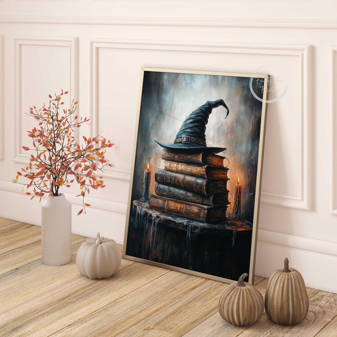 Witch Hat on Stack of Old Spell Books with Candles Dark Poster - Image 4