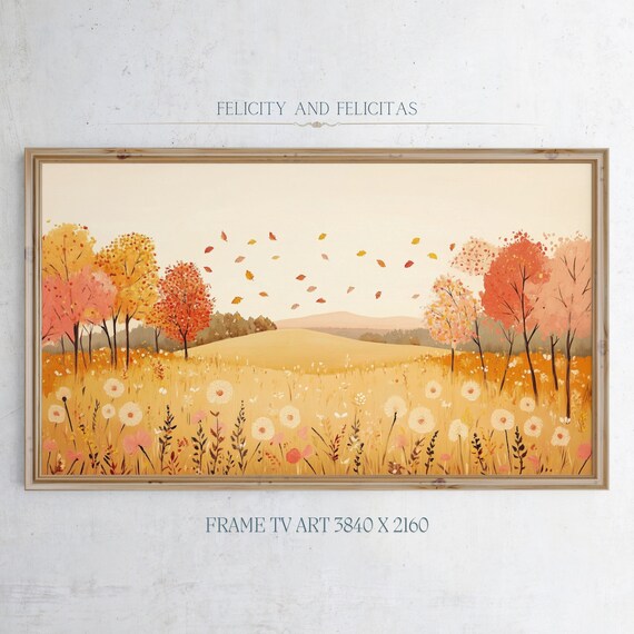 Golden Autumn Meadow Falling Leaves Orange Trees Cozy Fall Landscape Art Poster