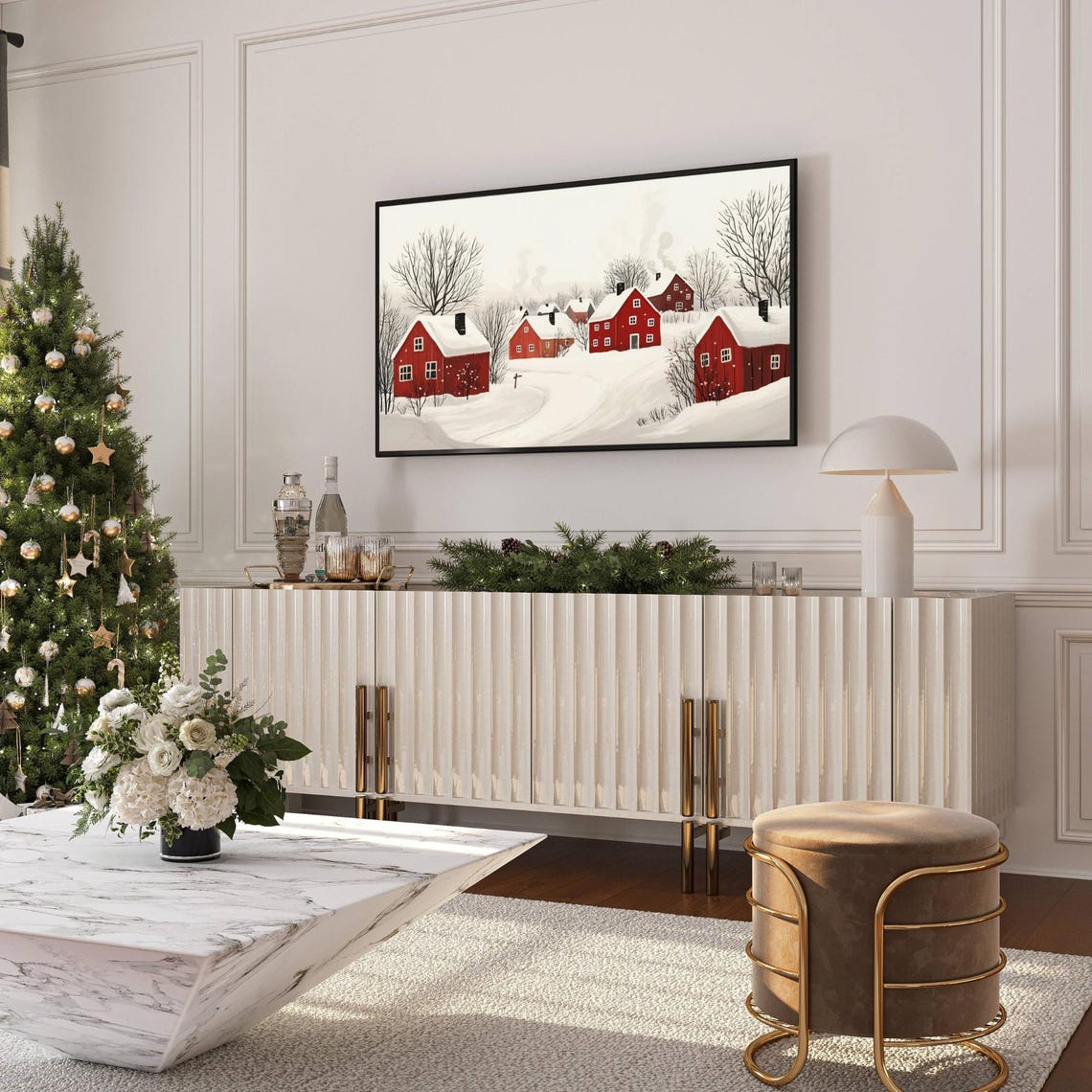 Minimal Winter Village Red Barns Snow Folk Art Serene Wall Art - Image 5