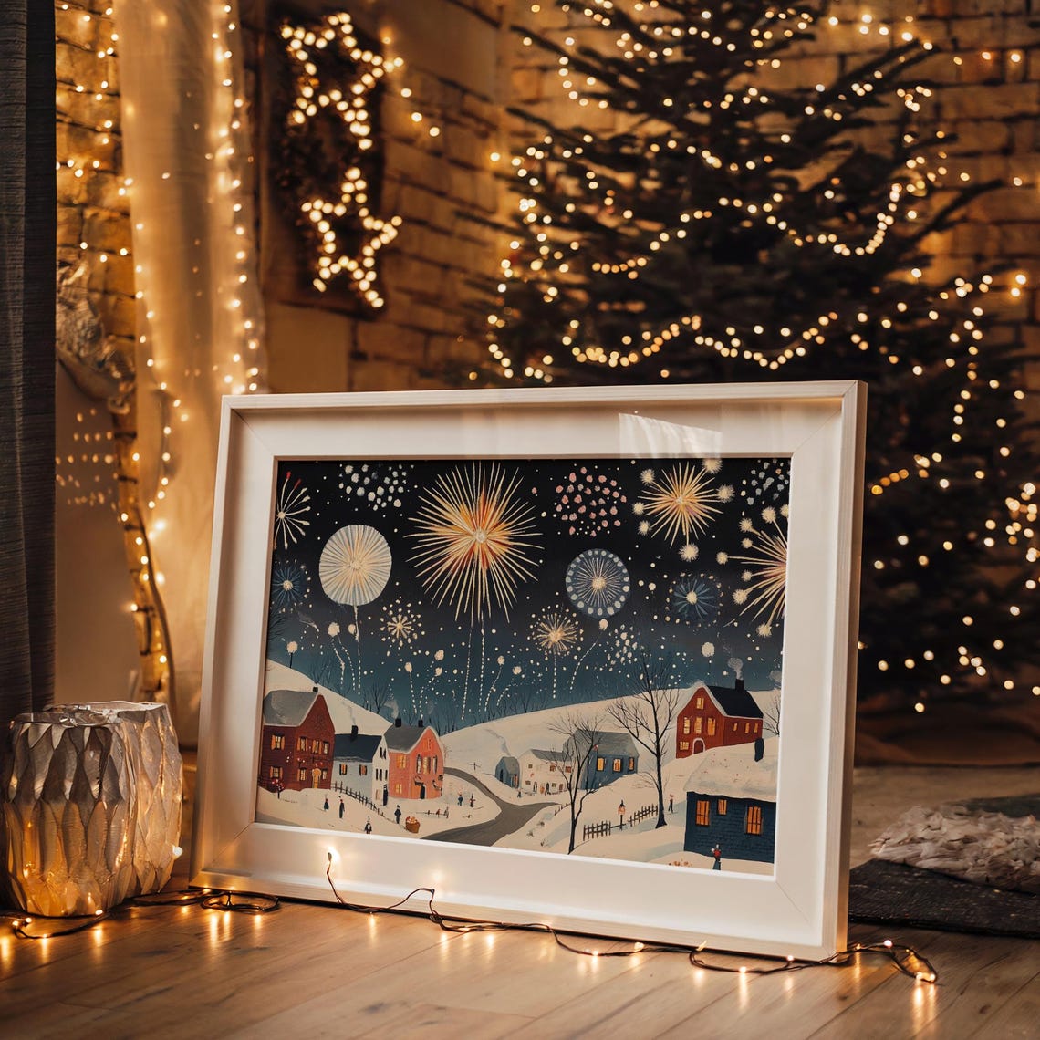 Fireworks Over Snowy Village At Night New Years Eve Scene Poster - Image 4